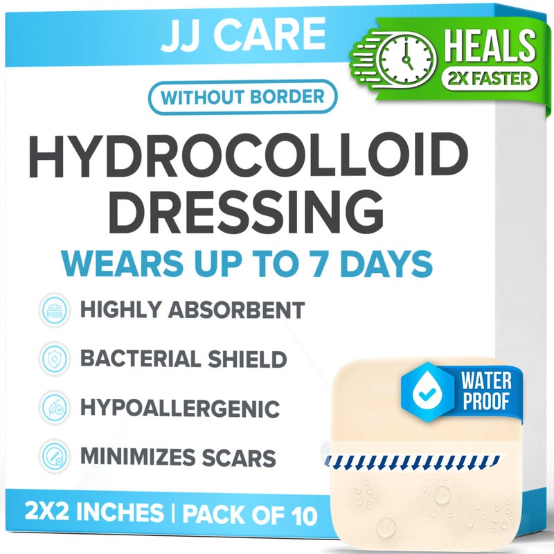 JJ CARE Hydrocolloid Dressing 2x2 [Pack 10], 0.35MM Thick Hydrocolloid Bandages w/o Border, Self-Adhesive Thin Hydrocolloid Wound Dressing, Wound Care Bandages for Bedsores and Blisters - Image 1